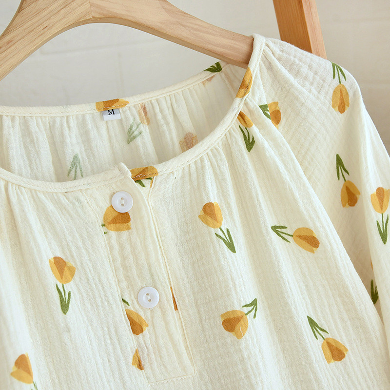 Πιτζάμες με εμπριμέ δύο κομματιών με κουμπιά Γυναικείες καλοκαιρινές αγνές βαμβακερές λεπτές φαρδιά μακρυμάνικα παντελόνια για το σπίτι σετ πιτζάμες Femme