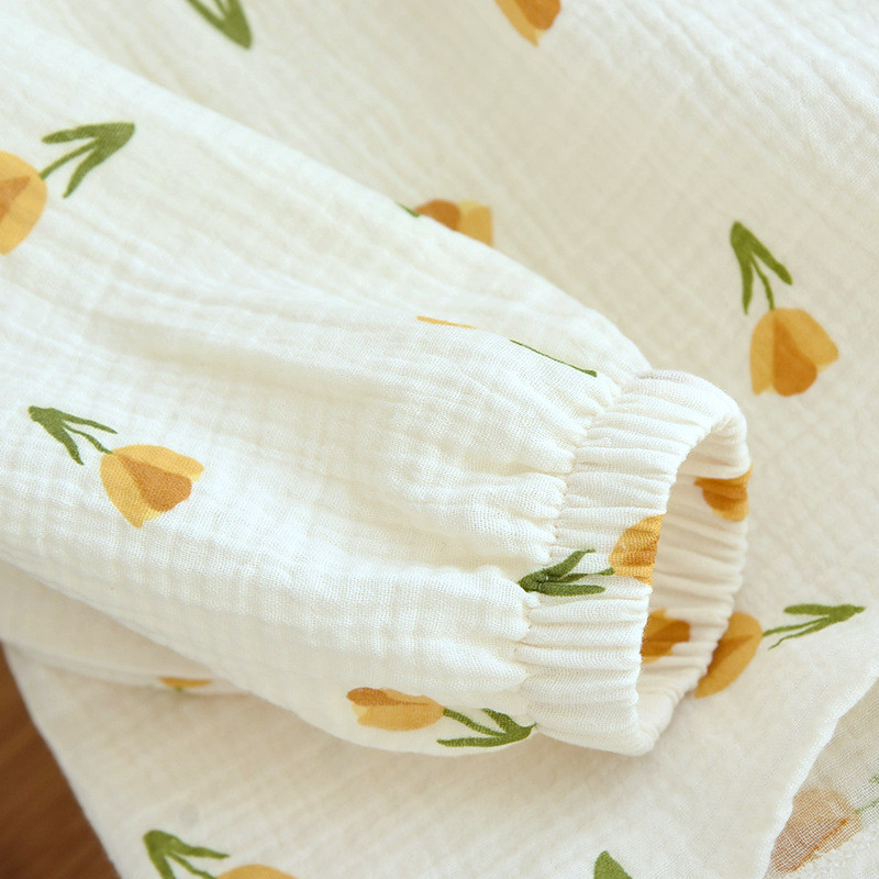 Πιτζάμες με εμπριμέ δύο κομματιών με κουμπιά Γυναικείες καλοκαιρινές αγνές βαμβακερές λεπτές φαρδιά μακρυμάνικα παντελόνια για το σπίτι σετ πιτζάμες Femme