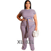 Plus Size Γυναικεία Σέξι Two Pieces Σετ Καλοκαίρι 2019 Γυναικείο κοντομάνικο παντελόνι ελαστικότητας ριγέ Casual 3xl 4xl 5xl 6xl