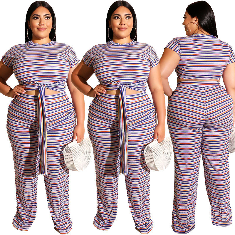 Plus Size Γυναικεία Σέξι Two Pieces Σετ Καλοκαίρι 2019 Γυναικείο κοντομάνικο παντελόνι ελαστικότητας ριγέ Casual 3xl 4xl 5xl 6xl