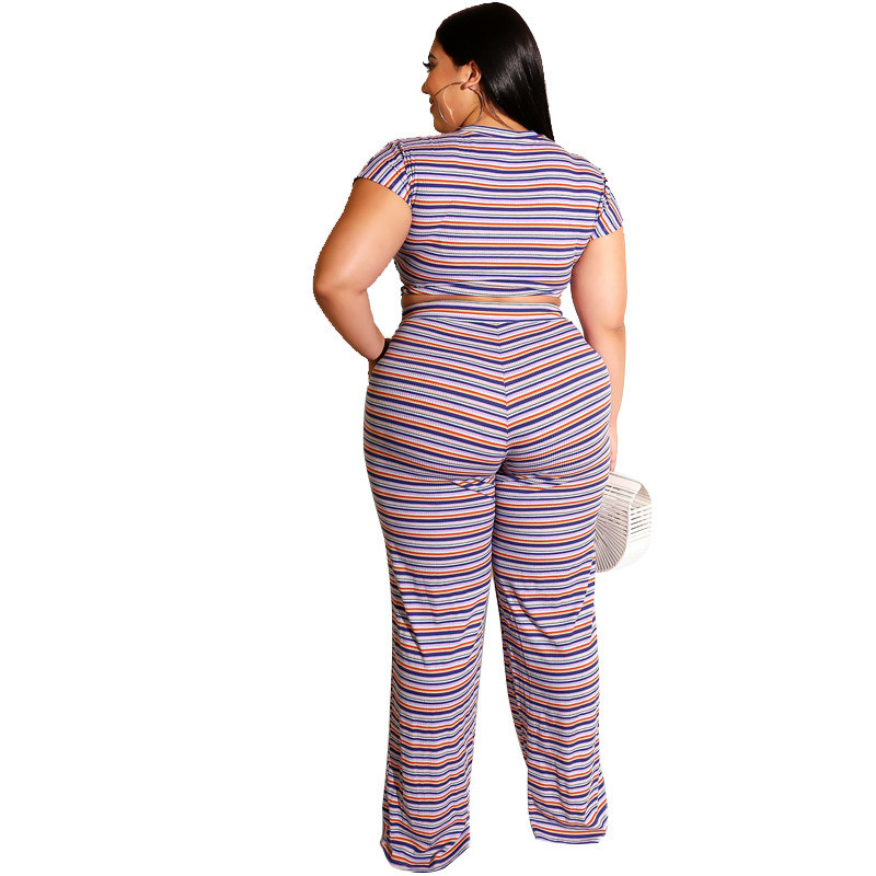 Plus Size Γυναικεία Σέξι Two Pieces Σετ Καλοκαίρι 2019 Γυναικείο κοντομάνικο παντελόνι ελαστικότητας ριγέ Casual 3xl 4xl 5xl 6xl