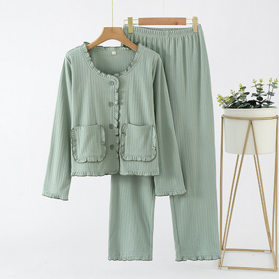 Μακρυμάνικα γυναικεία βαμβακερά πλεκτά μπλουζάκια ζακέτα με μακρύ παντελόνι κοστούμι πιτζάμες για το φθινόπωρο και το χειμώνα χαριτωμένο γλυκό σπιτικό κοστούμι