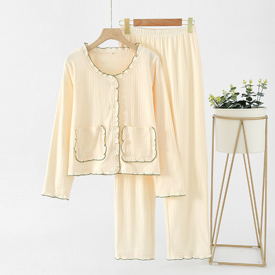 Μακρυμάνικα γυναικεία βαμβακερά πλεκτά μπλουζάκια ζακέτα με μακρύ παντελόνι κοστούμι πιτζάμες για το φθινόπωρο και το χειμώνα χαριτωμένο γλυκό σπιτικό κοστούμι