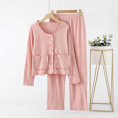 Μακρυμάνικα γυναικεία βαμβακερά πλεκτά μπλουζάκια ζακέτα με μακρύ παντελόνι κοστούμι πιτζάμες για το φθινόπωρο και το χειμώνα χαριτωμένο γλυκό σπιτικό κοστούμι