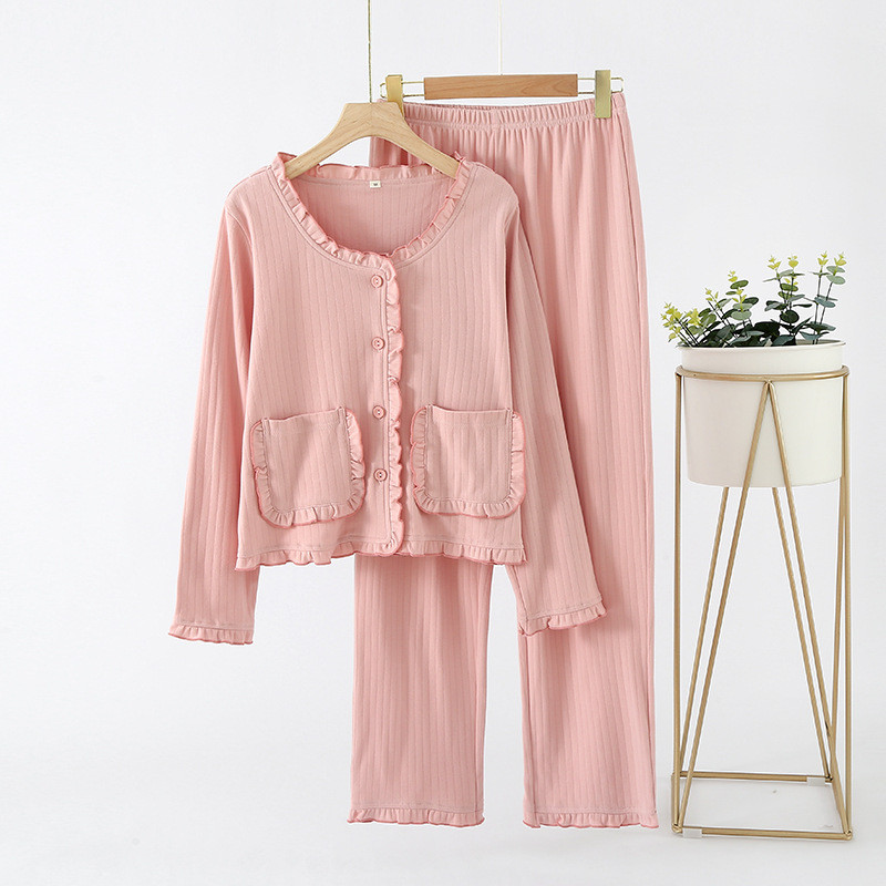 Μακρυμάνικα γυναικεία βαμβακερά πλεκτά μπλουζάκια ζακέτα με μακρύ παντελόνι κοστούμι πιτζάμες για το φθινόπωρο και το χειμώνα χαριτωμένο γλυκό σπιτικό κοστούμι
