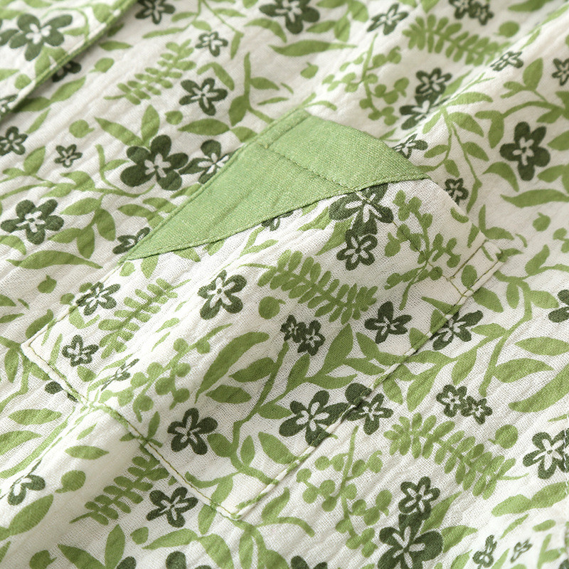 Bumbac, culoare verde, imprimare la modă, stil rural, floral, toamnă, set de pijamale cu mâneci lungi, cardigan, îmbrăcăminte pentru acasă, set de haine