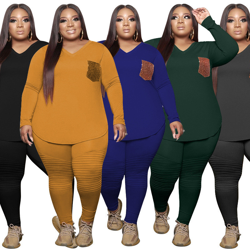 Σετ παντελονιών Plus Size 5xl Σετ δύο τεμαχίων Γυναικεία Pocket Crop Top κολάν για τζόκινγκ Σετ αθλητικής φόρμας ασορτί Χονδρική Dropshipping