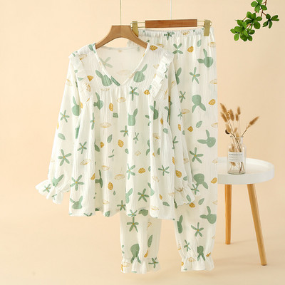 Βαμβακερά μακρυμάνικα Λεπτά μπλουζάκια ζακέτα με λαιμόκοψη V με μακρύ παντελόνι Σετ ρούχων για το σπίτι πιτζάμες για τη γυναικεία άνοιξη και το φθινόπωρο