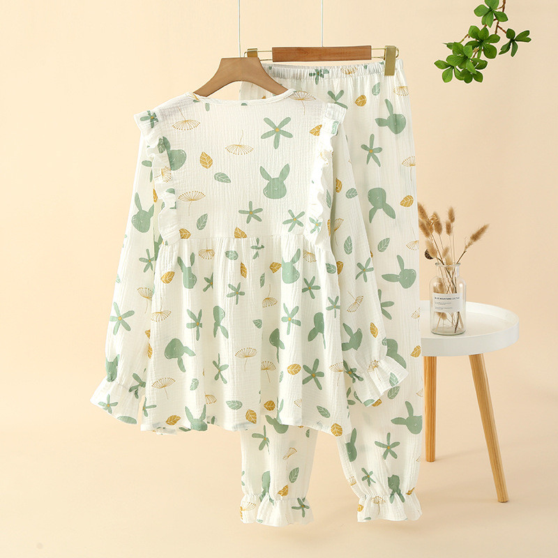 Βαμβακερά μακρυμάνικα Λεπτά μπλουζάκια ζακέτα με λαιμόκοψη V με μακρύ παντελόνι Σετ ρούχων για το σπίτι πιτζάμες για τη γυναικεία άνοιξη και το φθινόπωρο