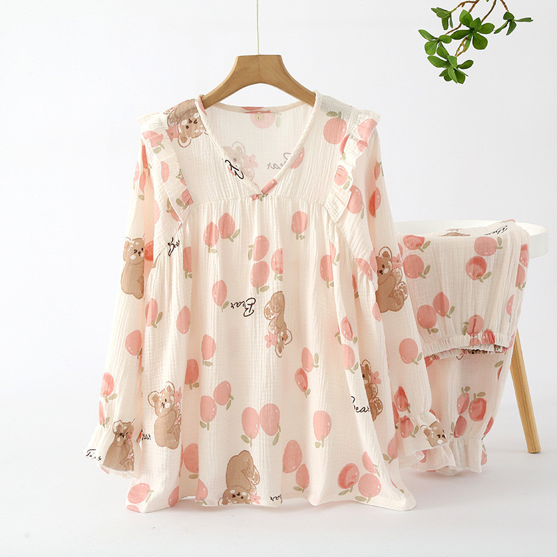 Βαμβακερά μακρυμάνικα Λεπτά μπλουζάκια ζακέτα με λαιμόκοψη V με μακρύ παντελόνι Σετ ρούχων για το σπίτι πιτζάμες για τη γυναικεία άνοιξη και το φθινόπωρο