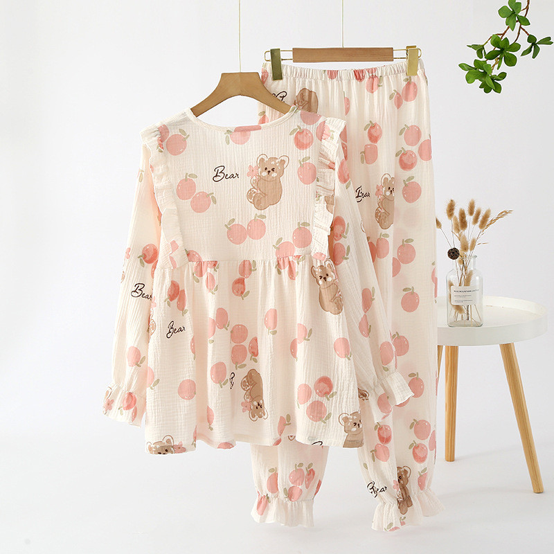 Βαμβακερά μακρυμάνικα Λεπτά μπλουζάκια ζακέτα με λαιμόκοψη V με μακρύ παντελόνι Σετ ρούχων για το σπίτι πιτζάμες για τη γυναικεία άνοιξη και το φθινόπωρο