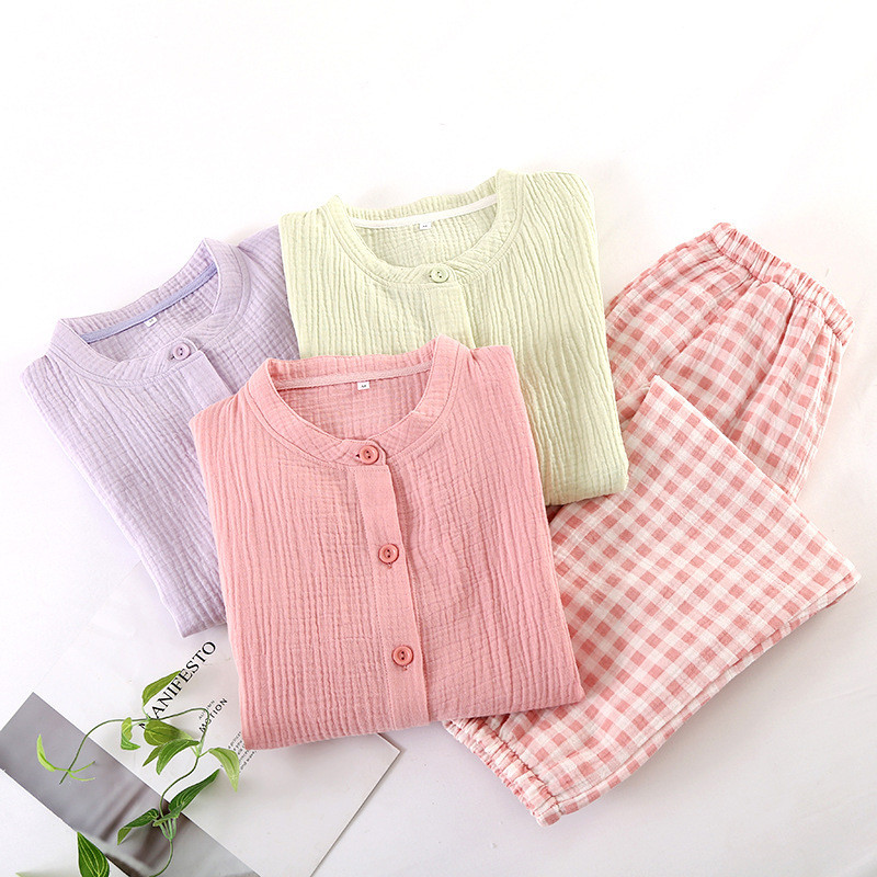 Női 100% pamut O-nyakú, kontrasztos kockás pizsama szett vékony, hosszú ujjú nadrág egyszerű szmoking nyári kétrészes otthoni viselet