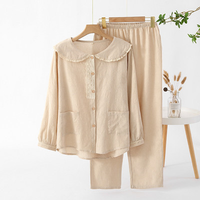 Ολοβαμβακερές λεπτές μακρυμάνικές ανοιξιάτικες πιτζάμες για κορίτσια με στρογγυλή λαιμόκοψη και μονόχρωμα μονόχρωμα γυναικεία σαλονάκια