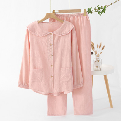 Ολοβαμβακερές λεπτές μακρυμάνικές ανοιξιάτικες πιτζάμες για κορίτσια με στρογγυλή λαιμόκοψη και μονόχρωμα μονόχρωμα γυναικεία σαλονάκια