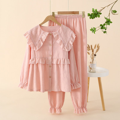 Ολοβαμβακερές λεπτές μακρυμάνικές ανοιξιάτικες πιτζάμες για κορίτσια με στρογγυλή λαιμόκοψη και μονόχρωμα μονόχρωμα γυναικεία σαλονάκια