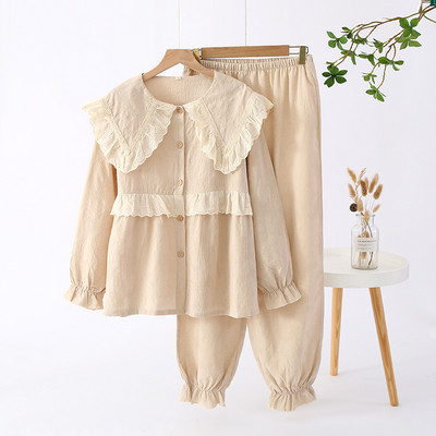 Ολοβαμβακερές λεπτές μακρυμάνικές ανοιξιάτικες πιτζάμες για κορίτσια με στρογγυλή λαιμόκοψη και μονόχρωμα μονόχρωμα γυναικεία σαλονάκια