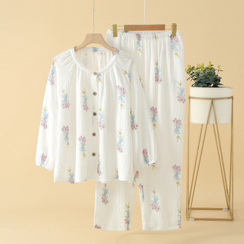 Jesenski jednostavni kardigan s okruglim izrezom i dugim rukavima Pamučne hlače Komplet pidžama Ženski pamučni tanki široki komplet kućne odjeće