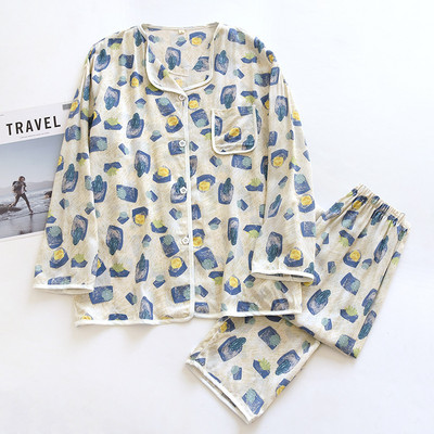 Γυναικεία σετ πιτζάμα με ζακέτα με άσπρη πίεση στις άκρες για γυναίκες 2022 Άνοιξη, Καλοκαίρι και Φθινόπωρο με Λεπτό Χαλαρό Σπίτι Pijama Mujer