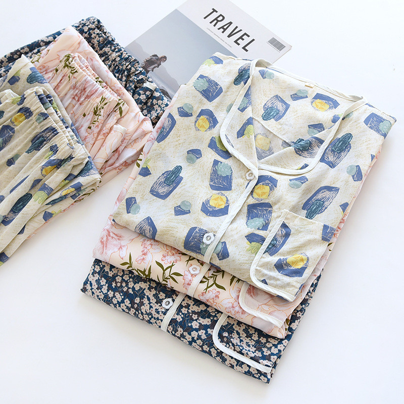 Γυναικεία σετ πιτζάμα με ζακέτα με άσπρη πίεση στις άκρες για γυναίκες 2022 Άνοιξη, Καλοκαίρι και Φθινόπωρο με Λεπτό Χαλαρό Σπίτι Pijama Mujer