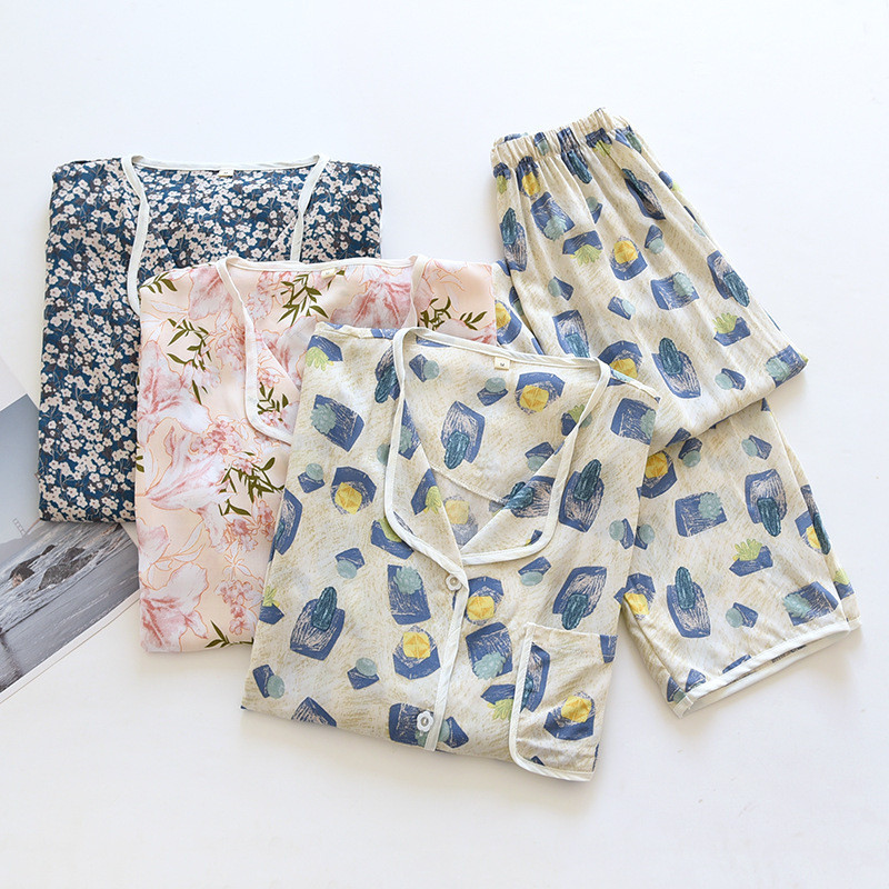 Γυναικεία σετ πιτζάμα με ζακέτα με άσπρη πίεση στις άκρες για γυναίκες 2022 Άνοιξη, Καλοκαίρι και Φθινόπωρο με Λεπτό Χαλαρό Σπίτι Pijama Mujer