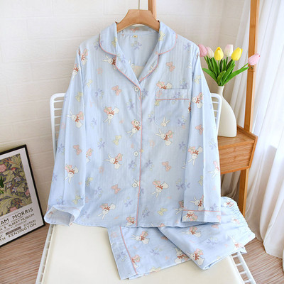 Lovely Bunny Ženska pidžama Proljeće i Jesen Čisti pamuk Kardigan hlače na preklop dugih rukava 2-dijelna Ženska ljetna kućna odjeća