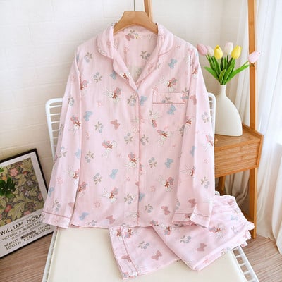 Lovely Bunny Ženska pidžama Proljeće i Jesen Čisti pamuk Kardigan hlače na preklop dugih rukava 2-dijelna Ženska ljetna kućna odjeća