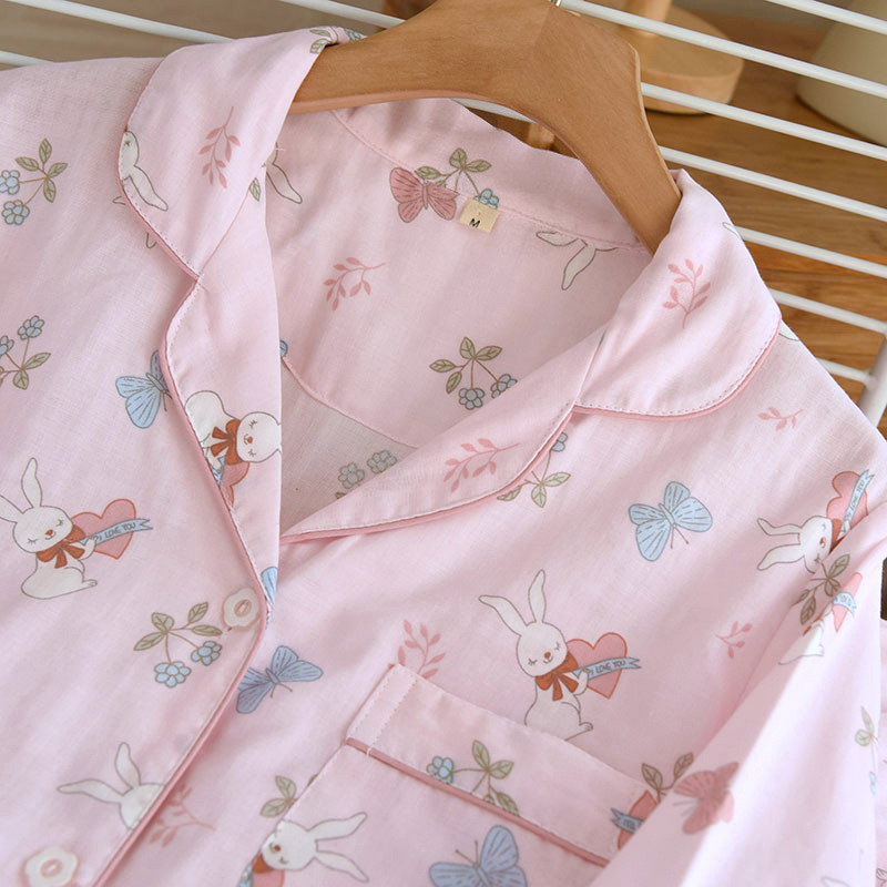 Lovely Bunny Ženska pidžama Proljeće i Jesen Čisti pamuk Kardigan hlače na preklop dugih rukava 2-dijelna Ženska ljetna kućna odjeća