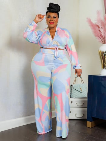 Wmstar Plus Size Two Piece Outfits Дамско есенно облекло Print Bandage Top Широки крачоли Съответстващ комплект 2022 г. Нов дропшипинг на едро