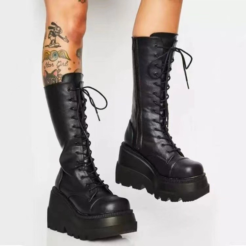 Cizme de iarnă Pantofi cu platformă pentru femei Ghete Rain Combat Military Scurt Piele Negru New Rock Punk Goth Lolita Oferte de lichidare