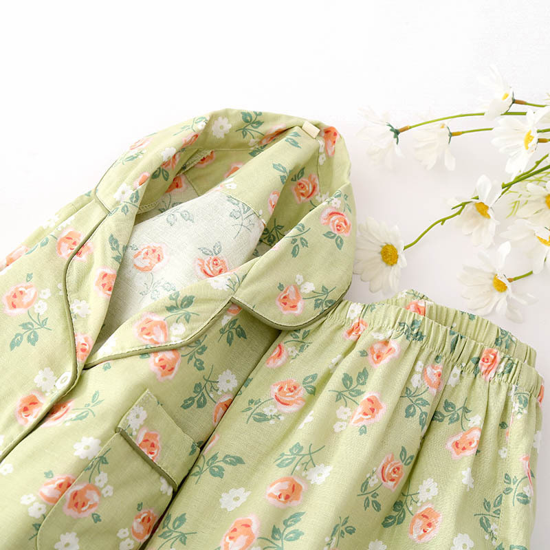 Ανοιξιάτικες και Καλοκαίρι Βαμβακερές Πυτζάμες Γυναικείες Four Seasons Λεπτό πέτο Μακρυμάνικο Παντελόνι Ρούχα για το σπίτι Σετ Ποιμενικό Σετ δύο τεμαχίων