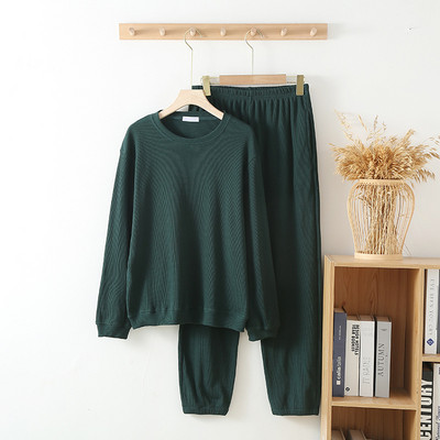 Țesătură de vafe din bumbac, moale și confortabilă, pentru femei, cu mâneci lungi, cu gât rotund, cu pulover, cu pantaloni lungi, set de pijamale pentru acasă