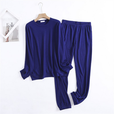 Țesătură de vafe din bumbac, moale și confortabilă, pentru femei, cu mâneci lungi, cu gât rotund, cu pulover, cu pantaloni lungi, set de pijamale pentru acasă