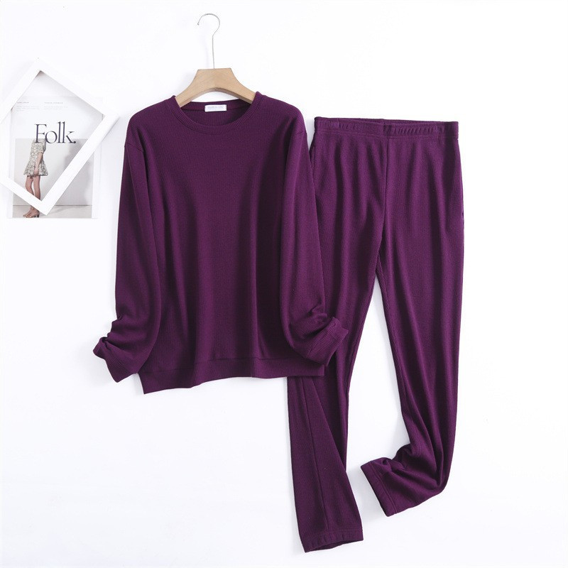 Țesătură de vafe din bumbac, moale și confortabilă, pentru femei, cu mâneci lungi, cu gât rotund, cu pulover, cu pantaloni lungi, set de pijamale pentru acasă