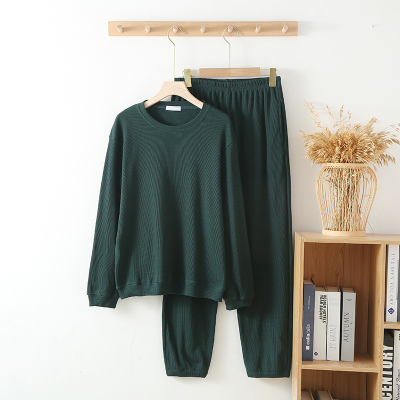 Țesătură de vafe din bumbac, moale și confortabilă, pentru femei, cu mâneci lungi, cu gât rotund, cu pulover, cu pantaloni lungi, set de pijamale pentru acasă