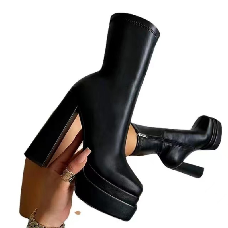 2023 pantofi sexy cu toc înalt pentru femei, stil punk, fermoar, platformă groasă, elasticitate, cizme din microfibră Sapatos Femininos