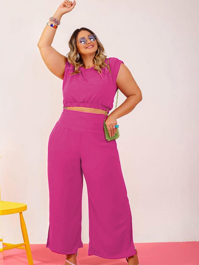 Ținute de vară pentru femei Top și pantaloni largi Culoare uni Seturi de două piese Costum elegant cu pantaloni marimea mare, Dropshipping cu ridicata
