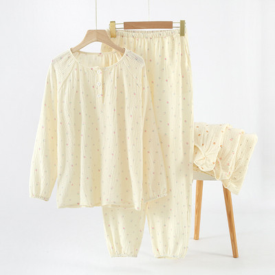 Βαμβακερή φθινοπωρινή μακρυμάνικη πιτζάμες γυναικεία φούσκα στρογγυλή λαιμόκοψη Φρέσκα και χαλαρά σετ ρούχων για το σπίτι με λουλούδια εκτύπωσης