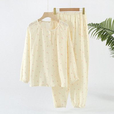 Βαμβακερή φθινοπωρινή μακρυμάνικη πιτζάμες γυναικεία φούσκα στρογγυλή λαιμόκοψη Φρέσκα και χαλαρά σετ ρούχων για το σπίτι με λουλούδια εκτύπωσης