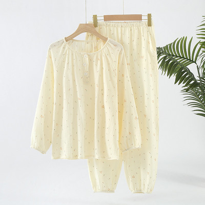 Βαμβακερή φθινοπωρινή μακρυμάνικη πιτζάμες γυναικεία φούσκα στρογγυλή λαιμόκοψη Φρέσκα και χαλαρά σετ ρούχων για το σπίτι με λουλούδια εκτύπωσης