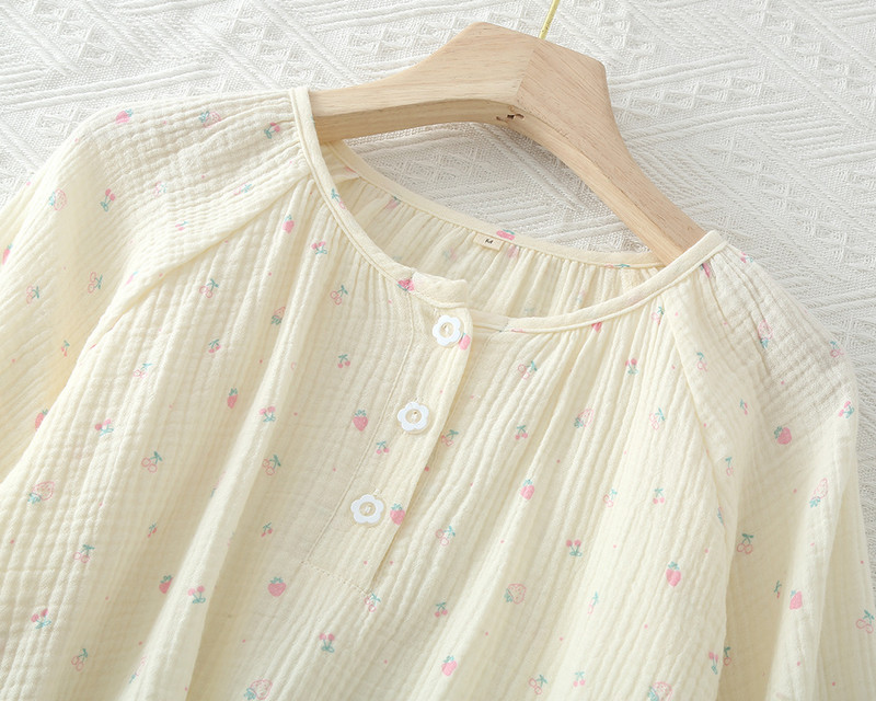 Βαμβακερή φθινοπωρινή μακρυμάνικη πιτζάμες γυναικεία φούσκα στρογγυλή λαιμόκοψη Φρέσκα και χαλαρά σετ ρούχων για το σπίτι με λουλούδια εκτύπωσης