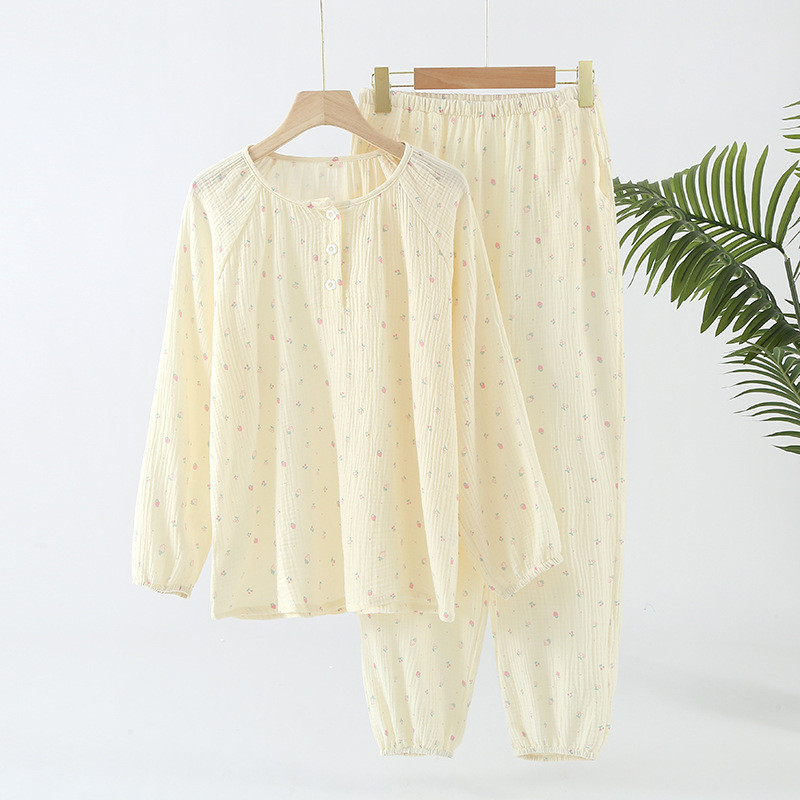 Βαμβακερή φθινοπωρινή μακρυμάνικη πιτζάμες γυναικεία φούσκα στρογγυλή λαιμόκοψη Φρέσκα και χαλαρά σετ ρούχων για το σπίτι με λουλούδια εκτύπωσης