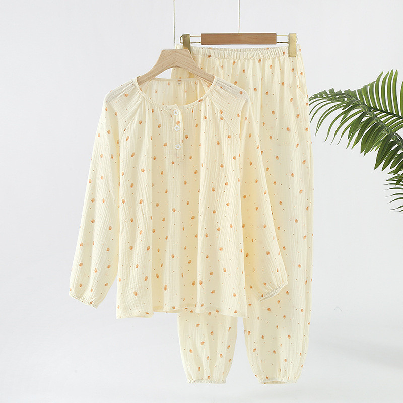 Βαμβακερή φθινοπωρινή μακρυμάνικη πιτζάμες γυναικεία φούσκα στρογγυλή λαιμόκοψη Φρέσκα και χαλαρά σετ ρούχων για το σπίτι με λουλούδια εκτύπωσης