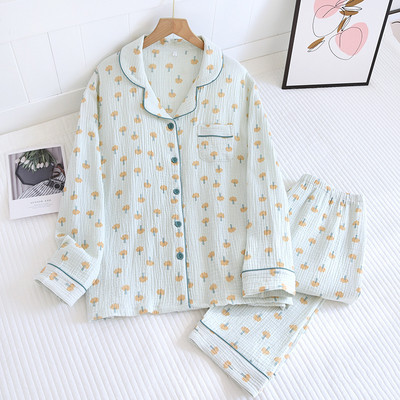 Νέο Σετ Πυτζάμες Crepe Γυναικεία Four Seasons Thin Section Παντελόνι μακρυμάνικο πέτο Ζακέτα Seersucker Home Wear Σετ δύο τεμαχίων