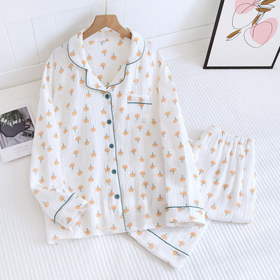 Νέο Σετ Πυτζάμες Crepe Γυναικεία Four Seasons Thin Section Παντελόνι μακρυμάνικο πέτο Ζακέτα Seersucker Home Wear Σετ δύο τεμαχίων