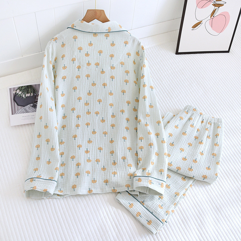 Νέο Σετ Πυτζάμες Crepe Γυναικεία Four Seasons Thin Section Παντελόνι μακρυμάνικο πέτο Ζακέτα Seersucker Home Wear Σετ δύο τεμαχίων