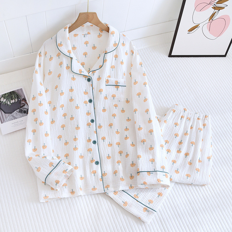 Νέο Σετ Πυτζάμες Crepe Γυναικεία Four Seasons Thin Section Παντελόνι μακρυμάνικο πέτο Ζακέτα Seersucker Home Wear Σετ δύο τεμαχίων