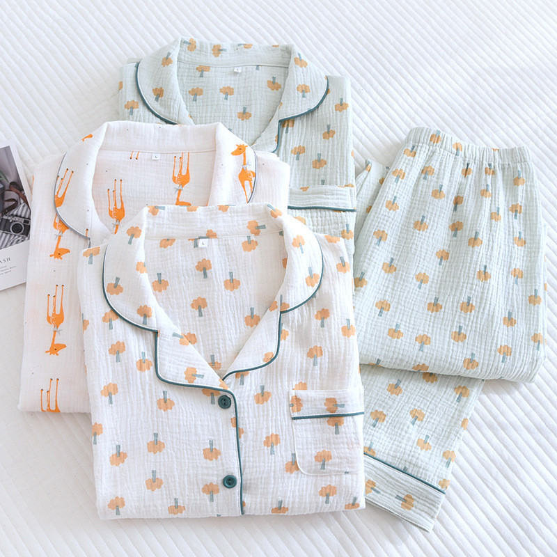 Νέο Σετ Πυτζάμες Crepe Γυναικεία Four Seasons Thin Section Παντελόνι μακρυμάνικο πέτο Ζακέτα Seersucker Home Wear Σετ δύο τεμαχίων