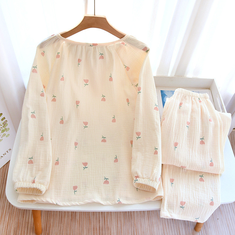 Tulip Printing Up Nupp Ümarkraega Pullover Pikkade varrukatega t-särk pikkade pükstega 2 tk Pidžaama riided naistele Sügis