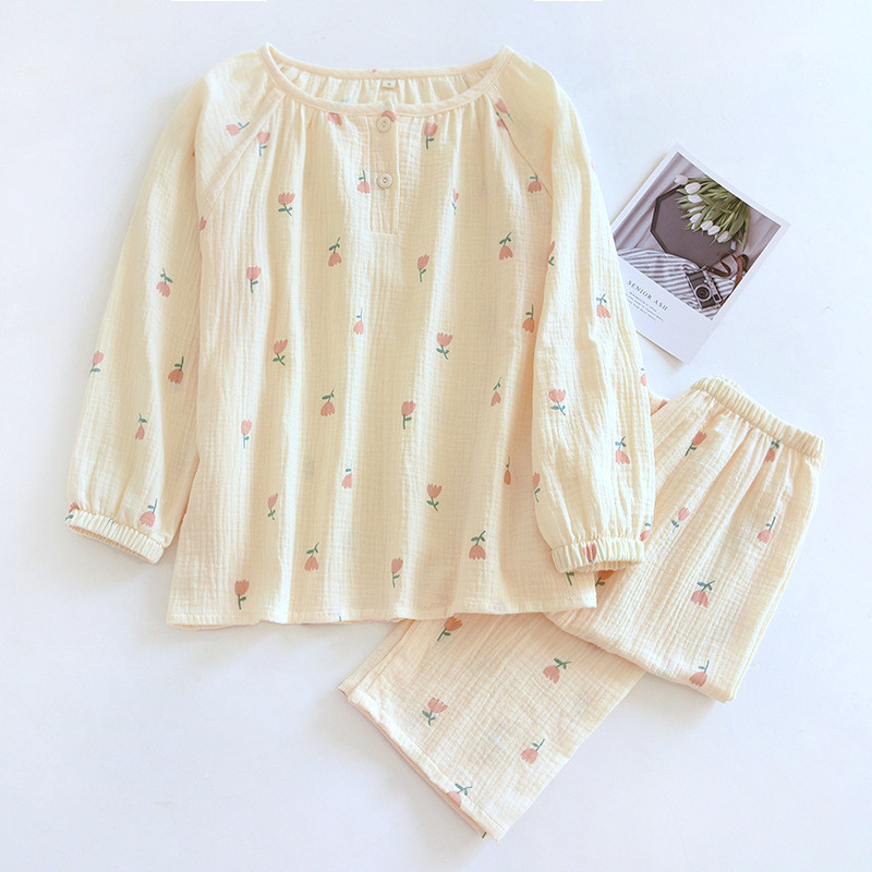 Tulip Printing Up Nupp Ümarkraega Pullover Pikkade varrukatega t-särk pikkade pükstega 2 tk Pidžaama riided naistele Sügis