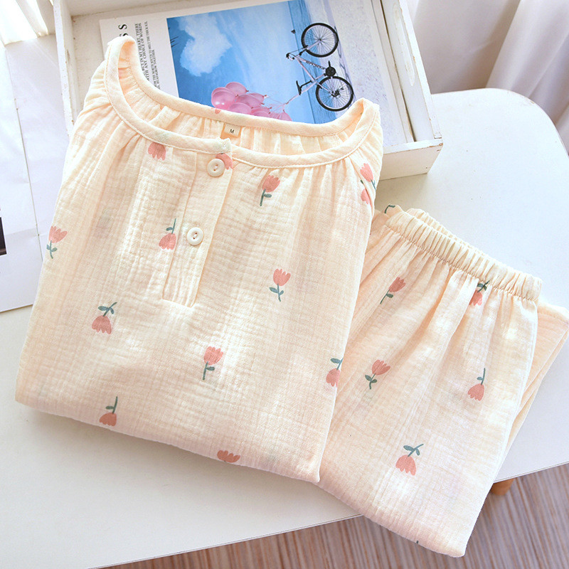 Tulip Printing Up Nupp Ümarkraega Pullover Pikkade varrukatega t-särk pikkade pükstega 2 tk Pidžaama riided naistele Sügis